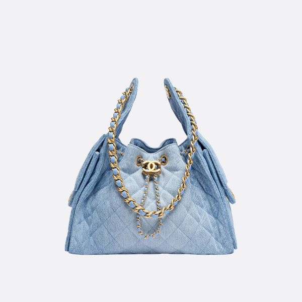 Chanel 25S Handbag Washed Denim & Gold-Tone Metal Blue