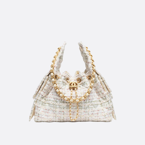 Chanel 25S Handbag Wool Tweed & Gold-Tone Metal  Ecru, Khaki, Gold & Red