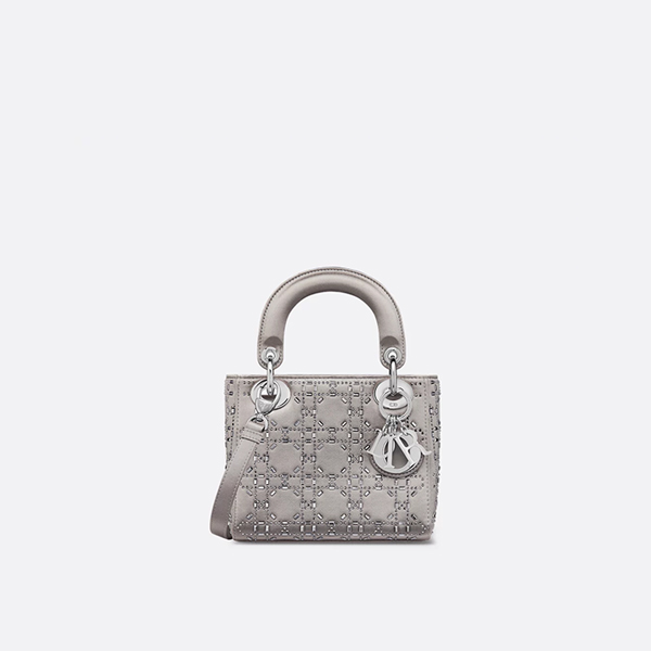 Mini Lady Dior Bag Gray Strass Cannage Satin